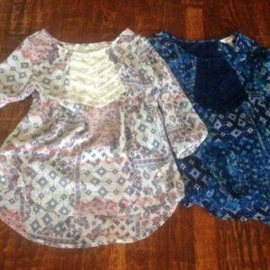 Lot of 2* NEW Arizona Jeans TOPS *3/4 slv* Flowy w/LACE insert *IVORY & BLUE  XS